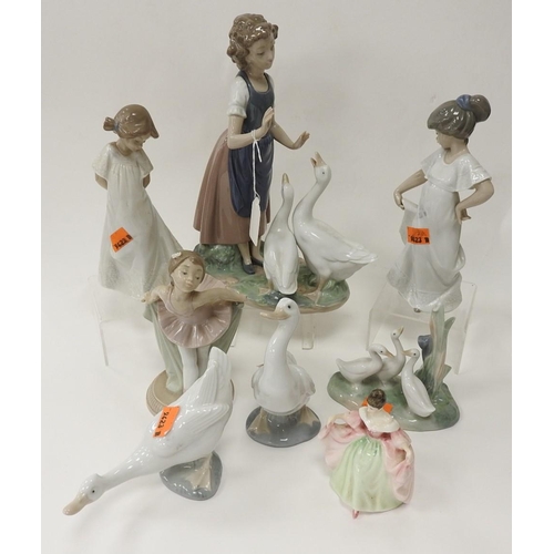 153 - Seven Nao porcelain figures including Goose Girl, 28cm, also a Royal Doulton miniature figure 'Sara'... 