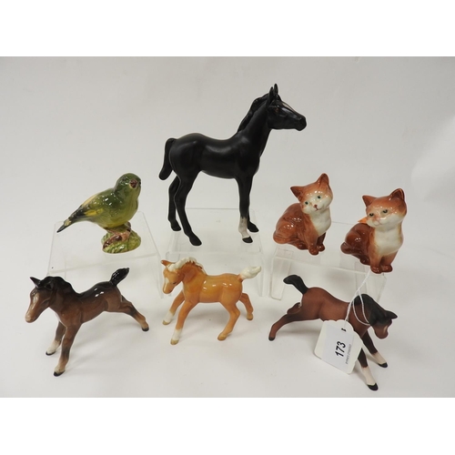 173 - Beswick model of a black foal, other Beswick figures including two kittens, Greenfinch and two furth... 