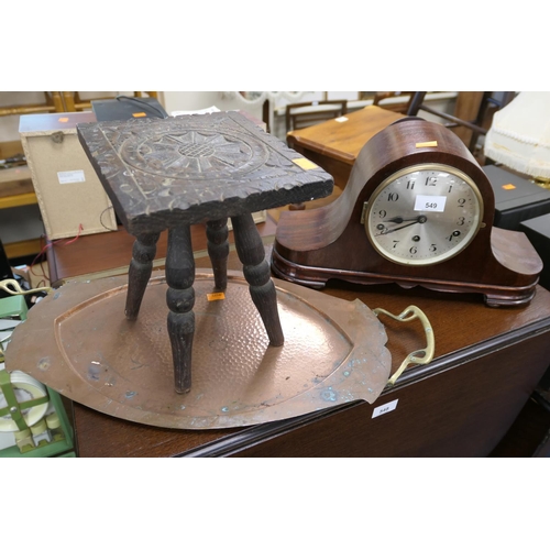 549 - Mahogany cased Westminster chiming mantel clock, also a small chip carved wooden stool and a hammere... 