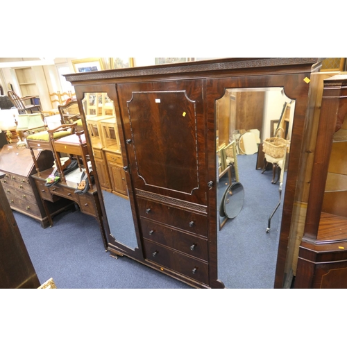 555 - Chippendale Revival mahogany triple wardrobe, with linen press centre, width 193cm, also a matching ... 