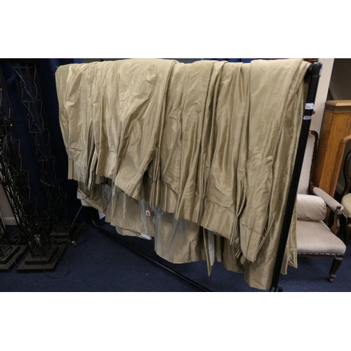 556 - Three pairs of lined old gold shot silk curtains, drop 205cm, width 142cm