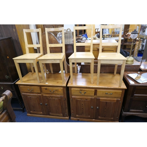 563 - Pair of pitch pine cabinets, width 93cm, height 85cm, and four birch wood dining chairs (6)