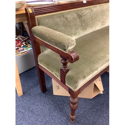 697 - Victorian mahogany and green fabric upholstered window or hall seat, width 117cm, height 77cm, depth... 