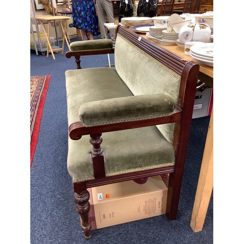 697 - Victorian mahogany and green fabric upholstered window or hall seat, width 117cm, height 77cm, depth... 