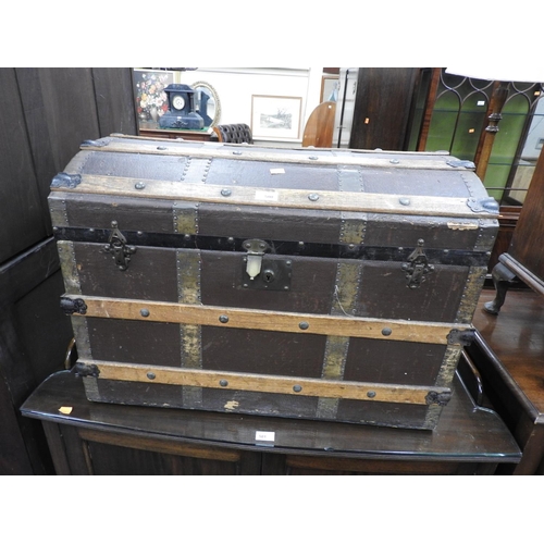 500 - Victorian wooden bound dome topped trunk, width 77cm