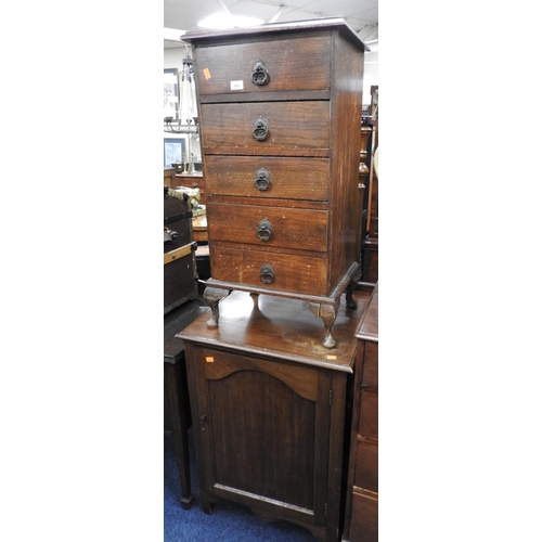 503 - George V oak pillar chest, height 90cm, and a mahogany single door cabinet (2)