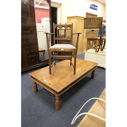 525 - Indian hardwood coffee table, 136cm x 76cm and on oak carver chair (2)