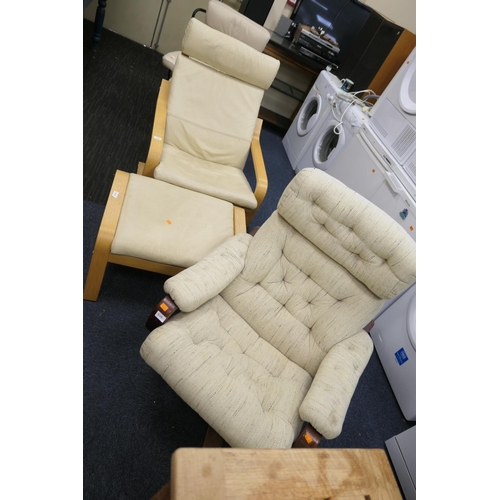 529 - Modern light oak framed cream leather cantilever armchair with matching footstool and a retro style ... 