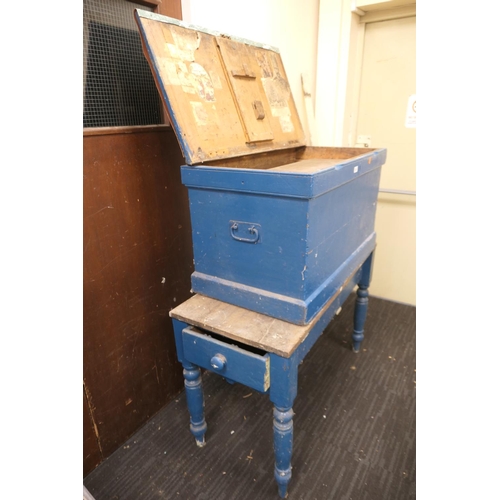 533 - Victorian blue painted wooden tool chest, width 93cm, with assorted contents; also a Victorian blue ... 