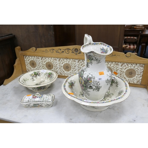 591 - Victorian transfer decorated pottery toilet set