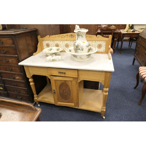 592 - Victorian marble topped tile backed ash washstand, width 107cm