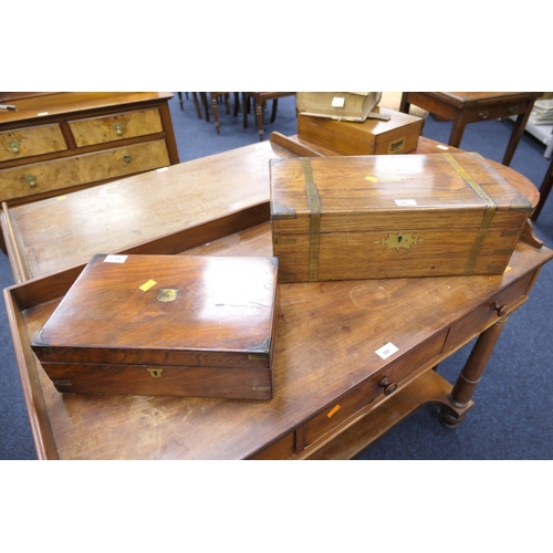 596 - Victorian rosewood and brass mounted writing box (writing slope deficient), 50cm x 26cm x 17cm; also... 