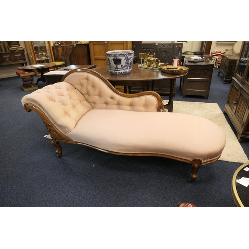 603 - Victorian walnut and upholstered chaise longue, length 180cm