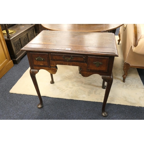 608 - George III provincial oak and mahogany banded lowboy, circa 1800, width 78cm, depth 47cm, height 73c... 