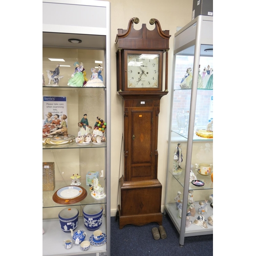 609 - Early 19th Century oak and mahogany eight day long case clock by Skarratt, Worcester, painted 11.5