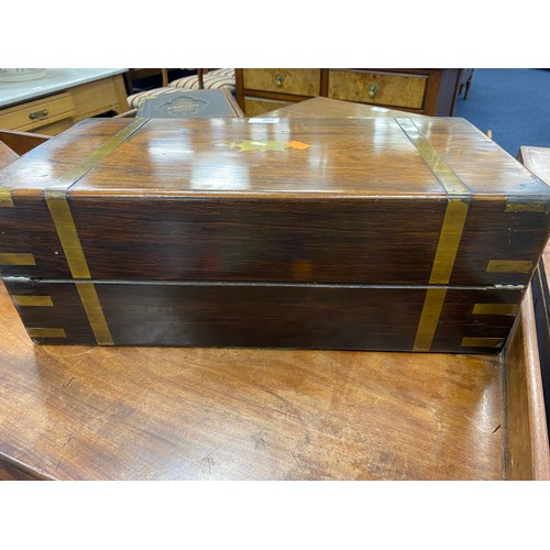 596 - Victorian rosewood and brass mounted writing box (writing slope deficient), 50cm x 26cm x 17cm; also... 