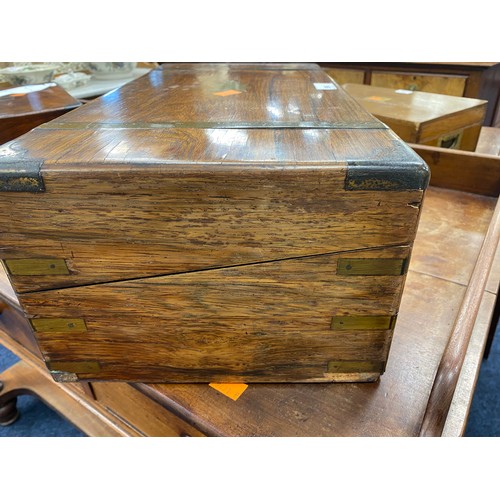 596 - Victorian rosewood and brass mounted writing box (writing slope deficient), 50cm x 26cm x 17cm; also... 