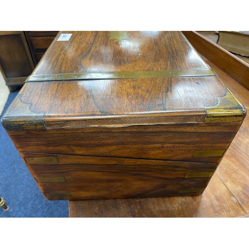 596 - Victorian rosewood and brass mounted writing box (writing slope deficient), 50cm x 26cm x 17cm; also... 