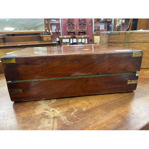 596 - Victorian rosewood and brass mounted writing box (writing slope deficient), 50cm x 26cm x 17cm; also... 