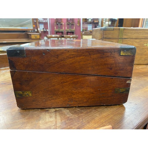 596 - Victorian rosewood and brass mounted writing box (writing slope deficient), 50cm x 26cm x 17cm; also... 