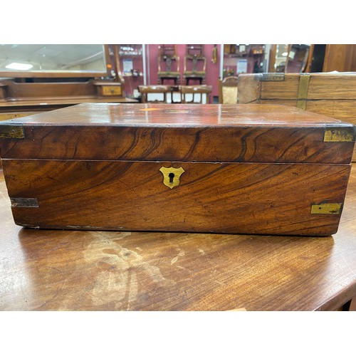 596 - Victorian rosewood and brass mounted writing box (writing slope deficient), 50cm x 26cm x 17cm; also... 