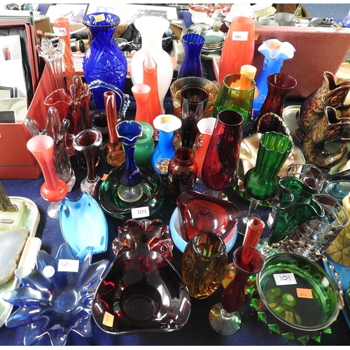 101 - Good quantity of coloured glassware including some Murano vases, bowls etc. (a lot)