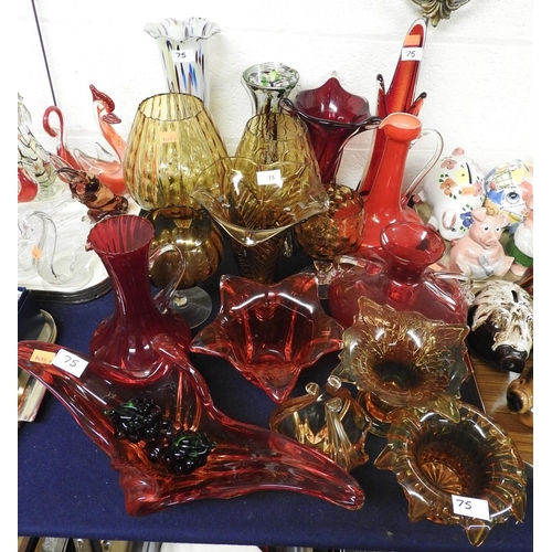 75 - Mixed coloured glassware including Murano and other vases, water jugs, bowls, table centre piece and... 