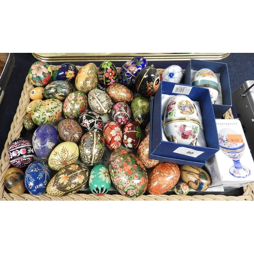 80 - Mixed hand painted egg forms; also a Mauchline Buckingham Palace box form and three ceramic and boxe... 