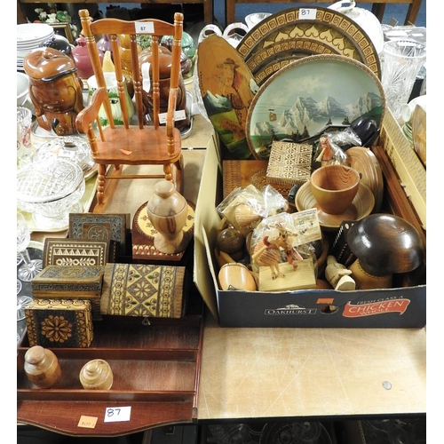 87 - Mixed treen including an apprentice piece stick back rocking chair, mixed lidded boxes, plates, bowl... 