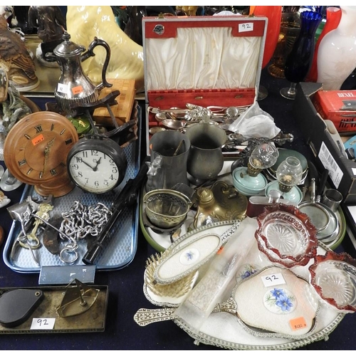 92 - Mixed lot including silver plated coffee pot and silver plated cutlery, mantel clocks, pewter tankar... 