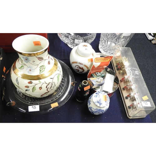 95 - Floral decorated and glazed bulbous vase, two ginger jars, glass ceiling lightshade, Chelsea pattern... 