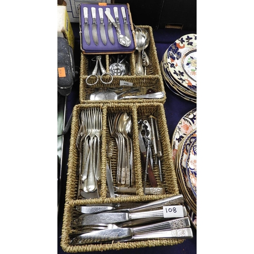 108 - Assorted silver plated cutlery, cased set of mother-of-pearl handled butter knives (case af) and a s... 