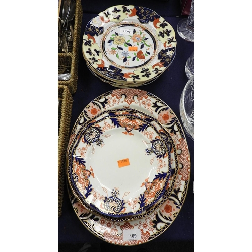 109 - Royal Crown Derby in the Imari pattern including serving plate, four dinner plates and two side plat... 