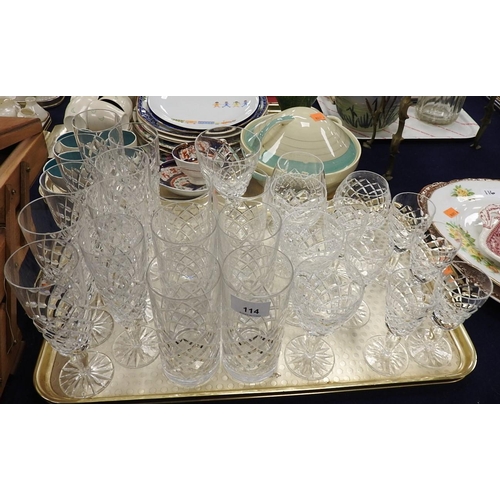 114 - Mixed glassware including pedestal champagne flutes, sherry glasses and a set of six tumblers etc. (... 