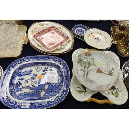 116 - Blue and white Willow pattern serving plate; also a Grimsby English Country Inns serving plate, furt... 