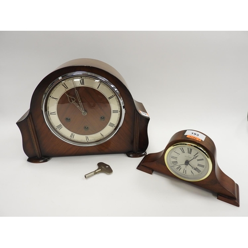 193 - Mahogany veneered Smiths chiming mantel clock complete with pendulum and key; also a modern Acctim d... 