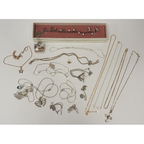 300 - Assorted silver choker necklaces, decorative charm bracelet, silver gilt fine chains etc.