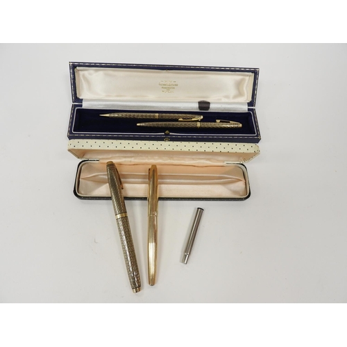 304 - Sheaffer gold plated pen set including ink pen with 14ct gold nib, propelling pencil and ballpoint p... 