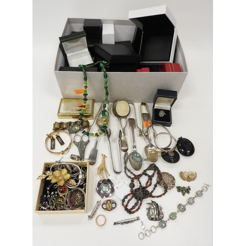 317 - Assorted costume jewellery including some silver, silver plated flatware and a number of empty jewel... 