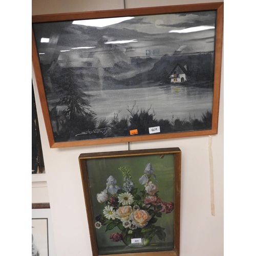 409 - Framed nocturnal oil painting and a still life print (2)