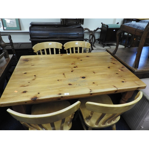 420 - Modern yellow pine kitchen table and four beechwood kitchen chairs, table 138cm x 92cm