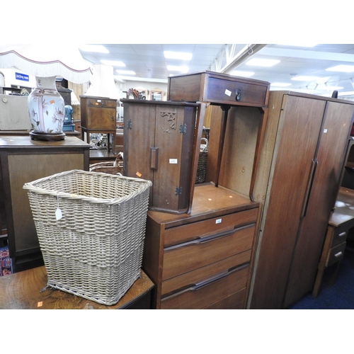 423 - Wicker log basket, small corner cupboard and a walnut side table (3)