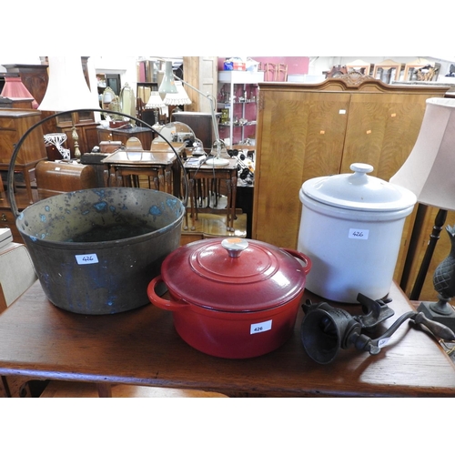 426 - Kitchen House red enamelled cast iron casserole pot, Victorian brass jam pan, stoneware bread bin an... 