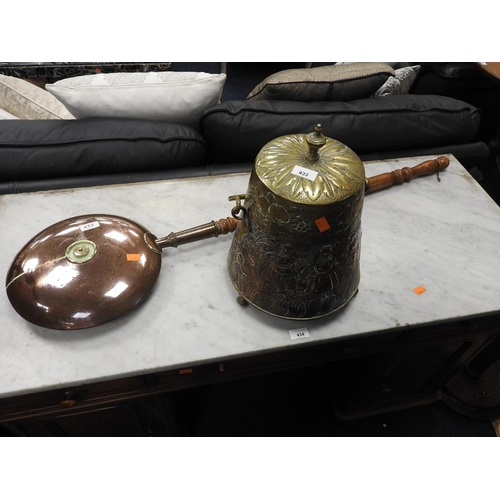 433 - Dutch coal depot and a continental copper warming pan with fruitwood handle