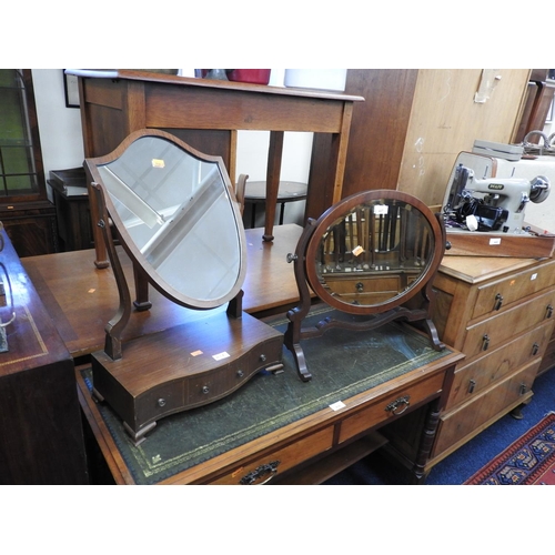 437 - Edwardian mahogany skeleton toilet mirror and a shield shaped dressing table mirror (2)