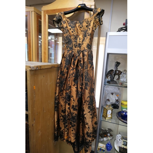 571 - Victorian gold and black silk brocade dress with later alterations