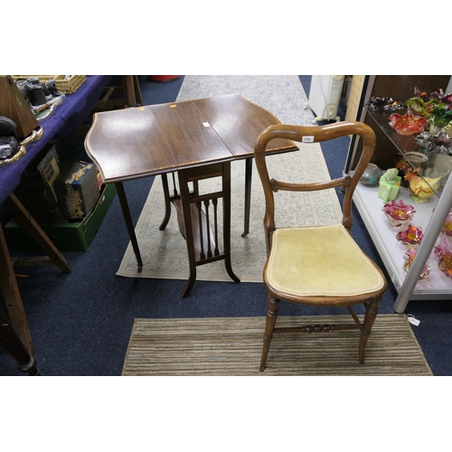 594 - Edwardian mahogany and satin wood banded Sutherland table and a Victorian kidney-backed side chair (... 