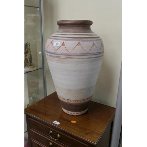 595 - Decorative terracotta ovoid vase with banded decoration, height 55cm