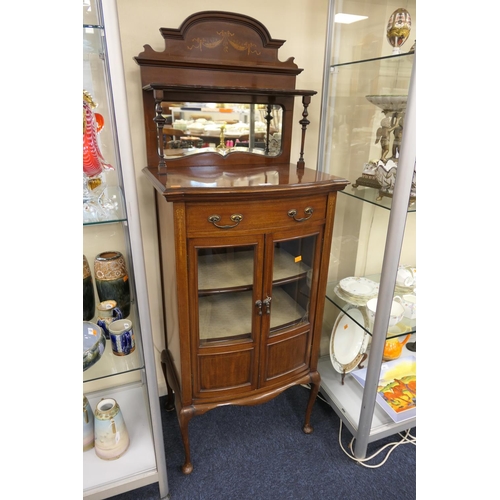 597 - Late Victorian mahogany and inlaid bow fronted display cabinet with mirrored back, width 62cm, heigh... 