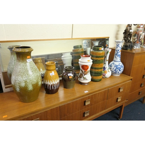 598 - Three retro West German vases; also a Rookes pottery vase and three further decorative vases (7)